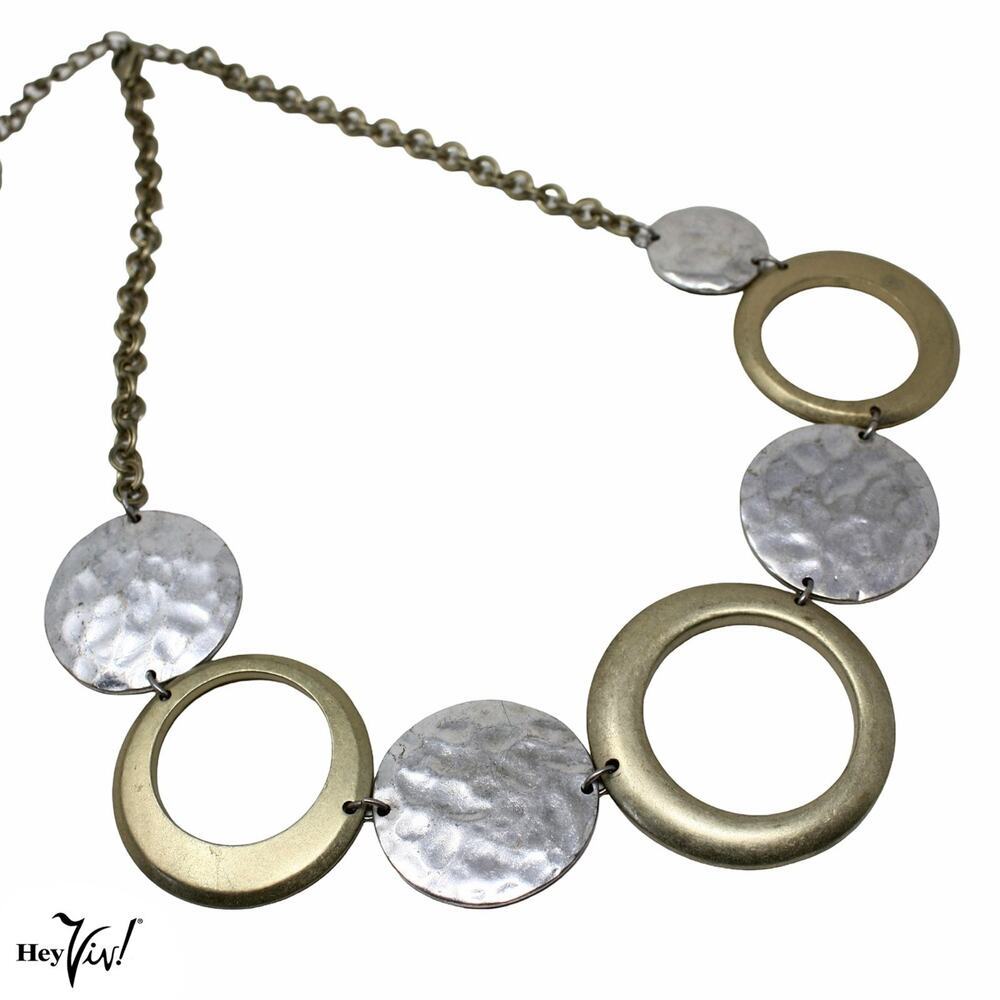 Chico’s Statement Necklace 27" Gold Tone Hammered Silver Circles Modern -Hey Viv